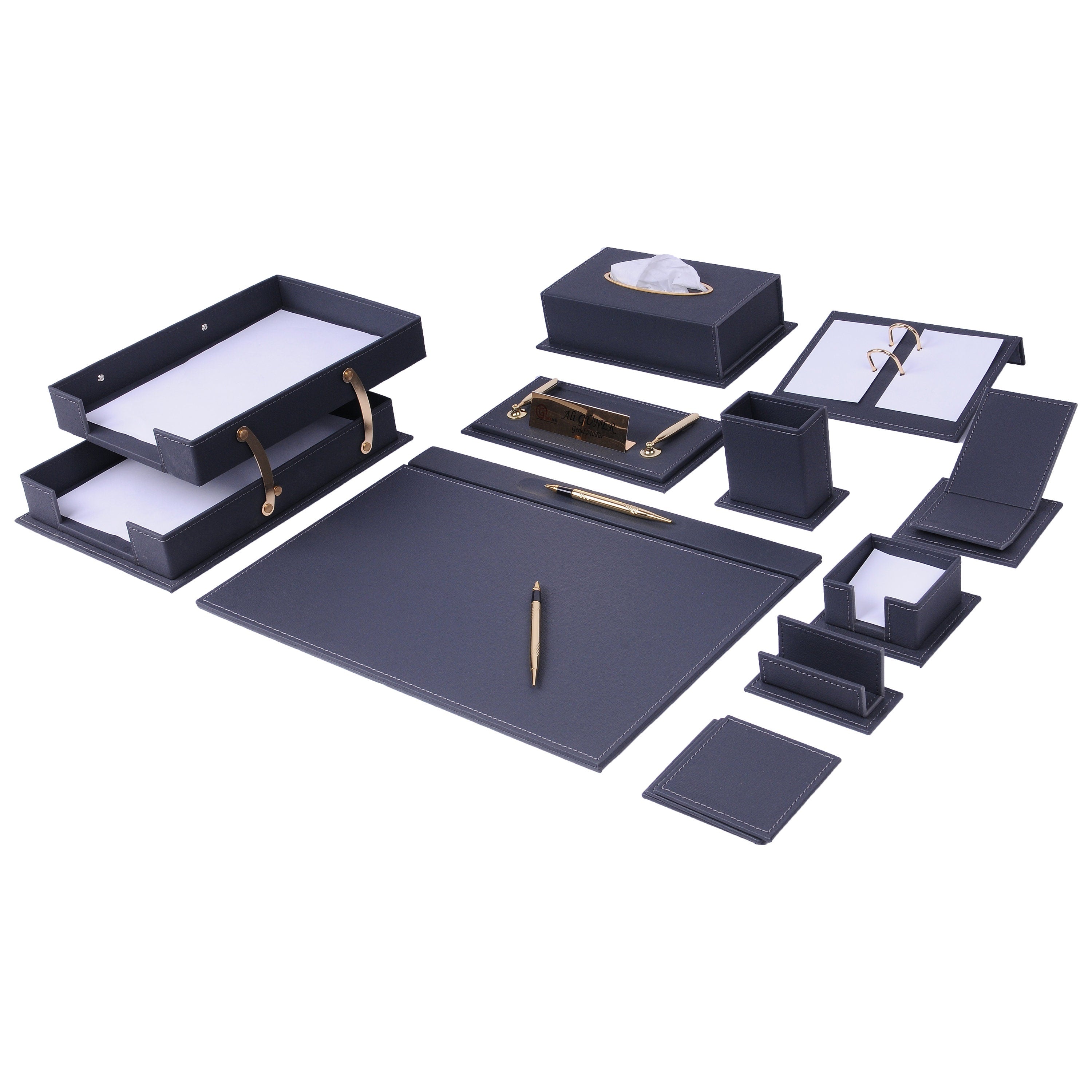Vega 14 Parça Kahverengi Deri Sümen Takımı | Lüks Ofis Düzenleyileri & Sümen Takımı